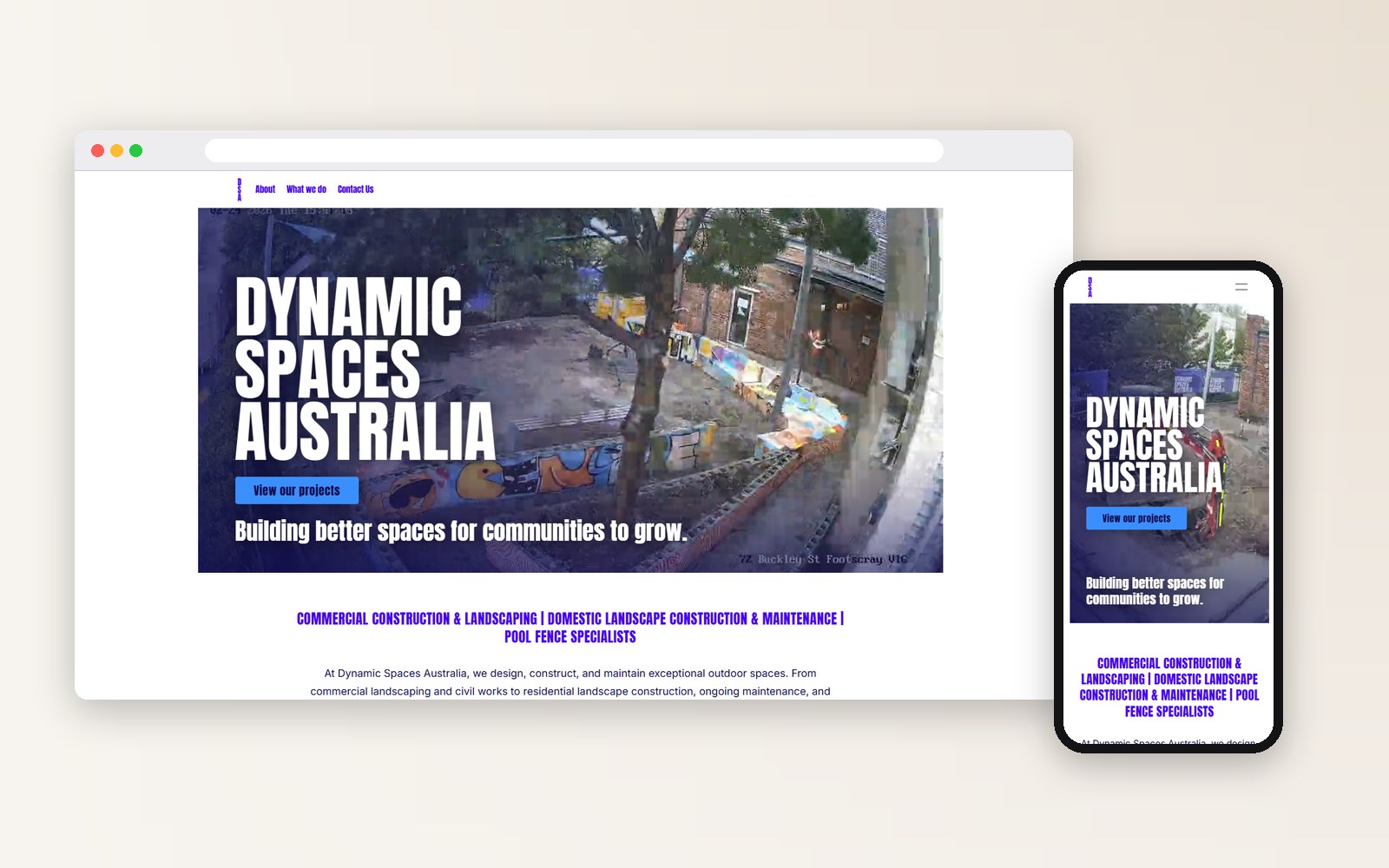 Desktop and mobile screenshots of the Dynamic Spaces Australia website built by Shopfront Studio